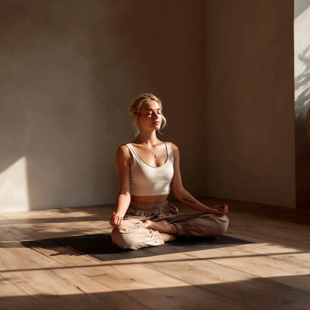 Žena praktikující jógu při západu slunce